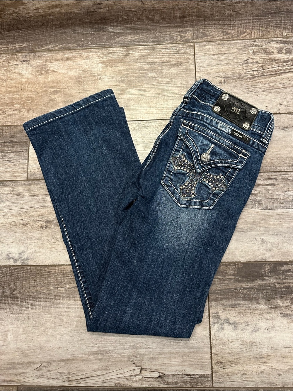 Miss Me Dark Blue Bootcut Jeans with Rhinestone Embellished Pockets